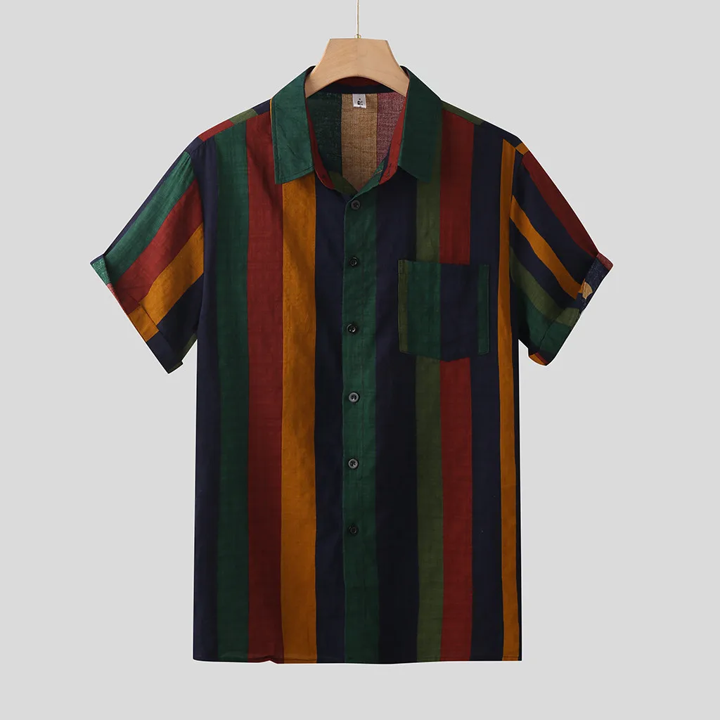 Men's Shirts Casual Loose Fashion Short Sleeve Striped Print Button Down T-Shirt Summer Top Beach Holiday Male Blouse | Мужская