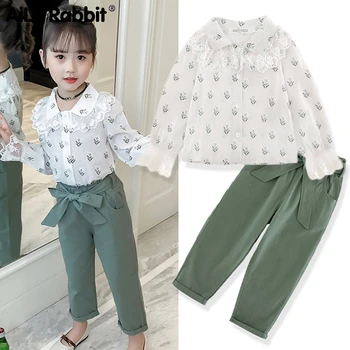 

2019 New Arrival Girls Fashion Autumn Suit Floral Shirt Trousers 2 Piece Set Embroidered Tops For Children Girl Princess Costume