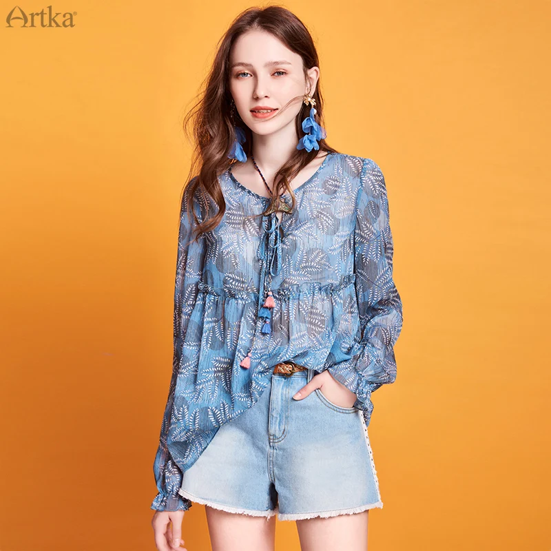 Женская шифоновая блузка ARTKA винтажная с принтом в пляжном стиле рукавами
