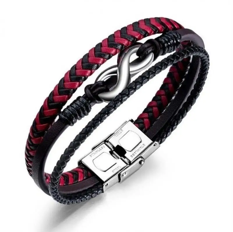 Classic Punk Leather Braided High Quality Metal Bracelet Red Black Intercolor Leather Bracelets for Men\\\'s Casual Jewelry