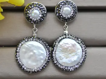 

25mm White Coin Freshwater Pearl Black CZ Dangle Earrings