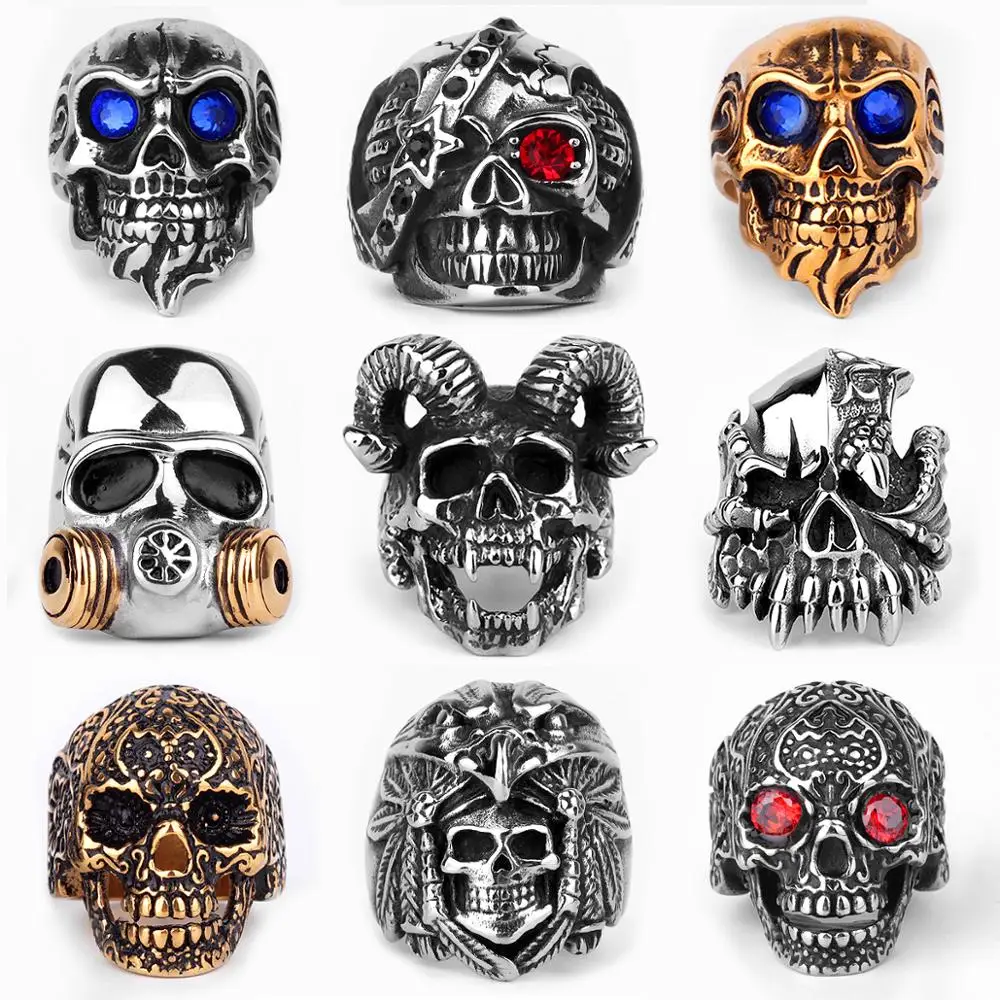 Stainless Steel Men Gothic Skull Head Rings Skeleton Punk Hip Hop Male Boy Jewelry Creativity Gift