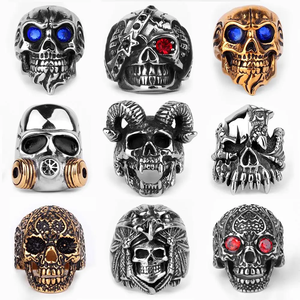 Stainless Steel Men Gothic Skull Rings Skeleton Punk Hip Hop Gold Black Cool For Male Boy Jewelry Creativity Gift Wholesale