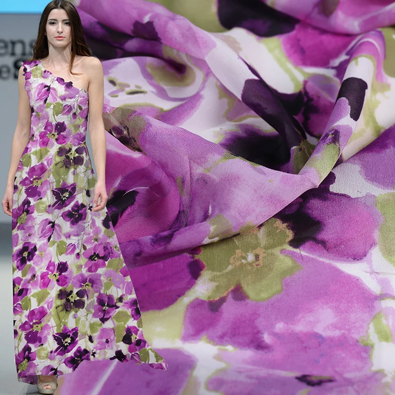 Фиолетовый цветок органический шелк жоржет GGT ткань для женщин элегантное платье новейшая ткань