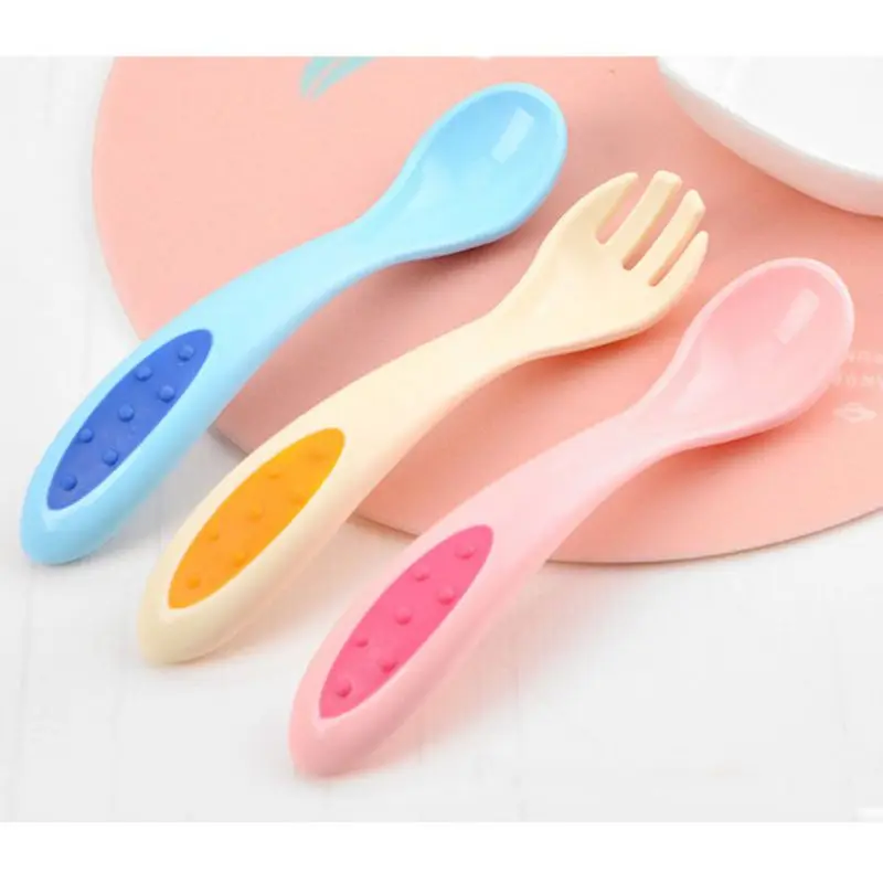 

Cute Infant Baby Silicone PP Material Feeding Spoon And Frok Sets Solid Color Soft High Quality Utensils Kids Learning Tableware