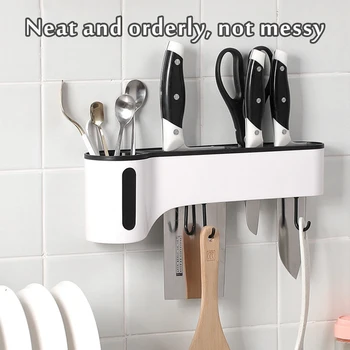 

Kitchen Rack With Hooks Cutlery Shelf Organizer Wall Hanging Knife Stand Holder Plastic Storage Chopstick Cage Kitchen Items