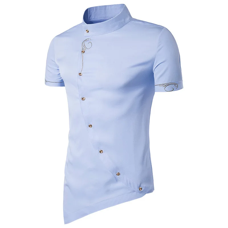 

Men's Daily Chinoiserie Cotton Slim Shirt - Solid Colored Basic Standing Collar Navy Blue / Short Sleeve / Summer