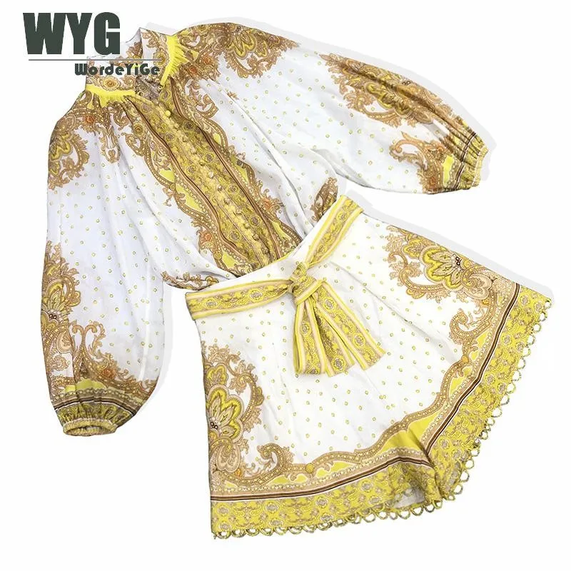 

Vintage Blouses Shorts Set Women 2020 Spring Summer New Hot Sale Baroque Style Gold Print Lantern Sleeve Blouse + Scallop Shorts