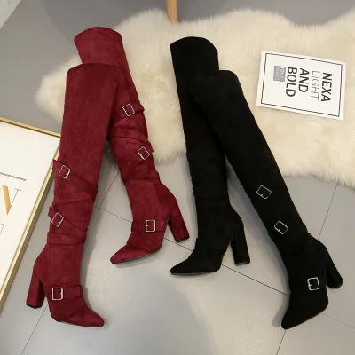 

2019 Women Boot High Boots Suede Leather High Heels 10CM Over The Knee Warm Snow Pointed Toe Female Boots Fashion Party Shoes