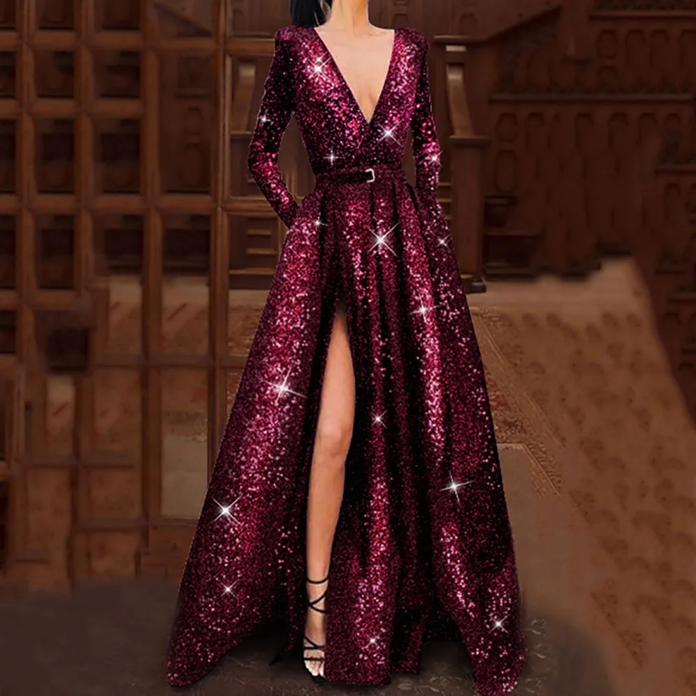 

Sequinis Women Party Club Night Dress Puprle 2020 Spring Sexy V Neck Dinner Long Dresses Robe Elegant Femme Vestiods Dresses