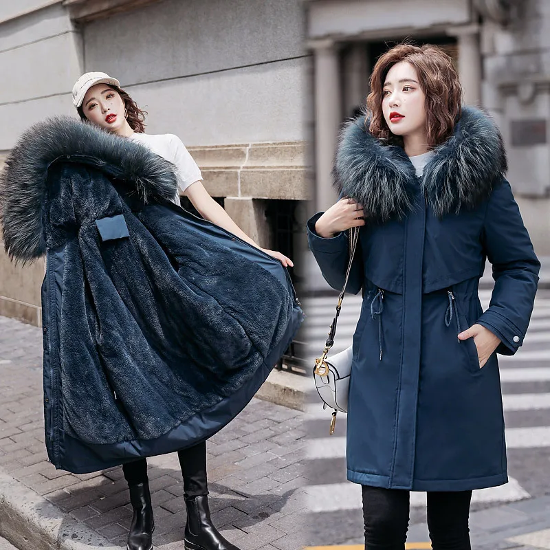 

Foreign Trade Plus-sized Parka 200kg Coat Female College Fur Collar Cotton-padded Clothes Korean-style plus Velvet Waist Hugging