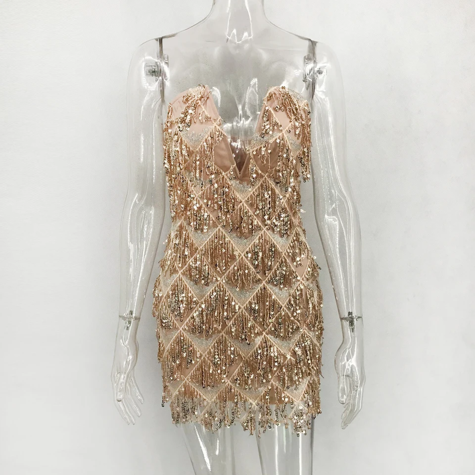 Karlofea Sexy Underwired Strapless Dress Stylish Sequin Tassel Fringe Embellished Party Dress Lady Celebrity Club Wear Vestidos