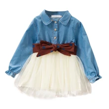 Kods/платье для маленьких девочек джинсовое Сетчатое платье принцессы для девочек Детские платья с длинными рукавами для девочек, новая весенне-осенняя одежда для маленьких девочек