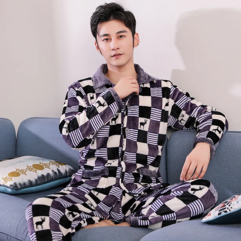 

Pajamas Men Autumn & Winter Long Sleeve Coral Velvet Brushed And Thick Winter Style Warm Flannel Tracksuit Winter Set
