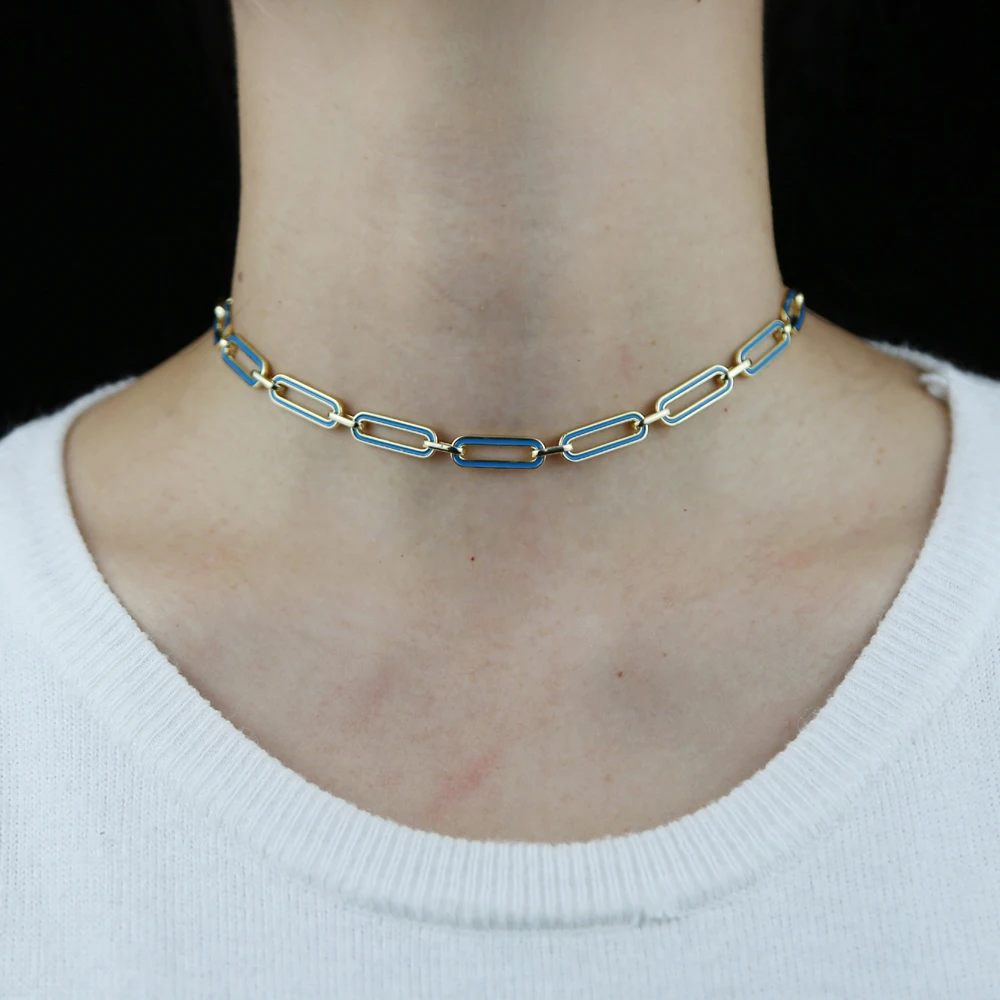 Neon Enamel Colorful Women Summer Jewelry Gold Color Rectangle Link Chain Choker Necklace
