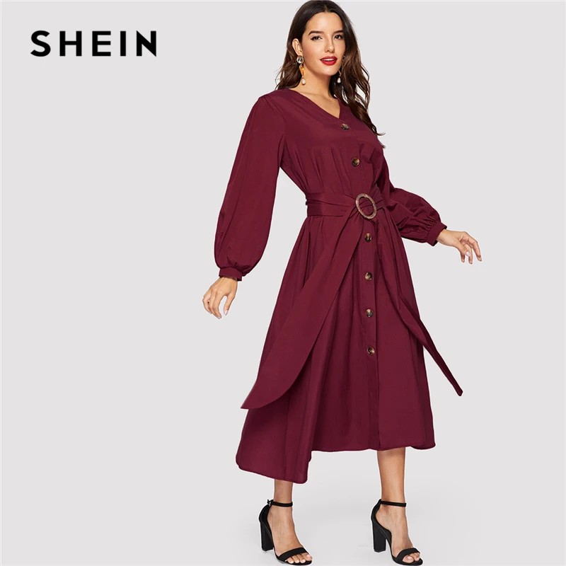SHEIN Платье На Пуговицах С Поясом Элегантное V Образным Вырезом Для Женщин|Платья| |