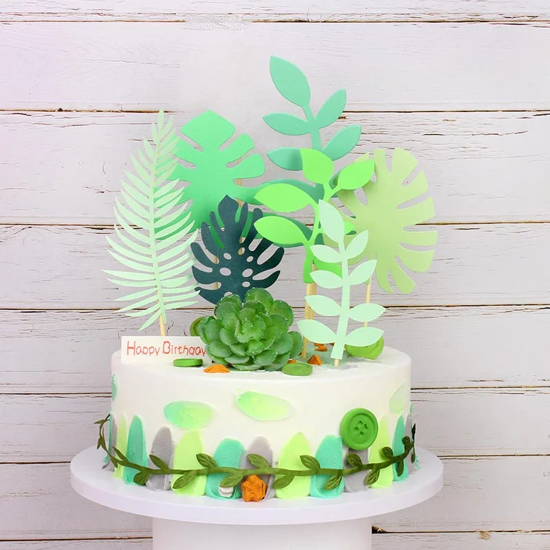 

7pcs Tropical Leaves Palm Leaf Cake Topper Wedding Cupcake Topper for Jungle Theme Birthday Party Decor Safari Baby Shower Decor