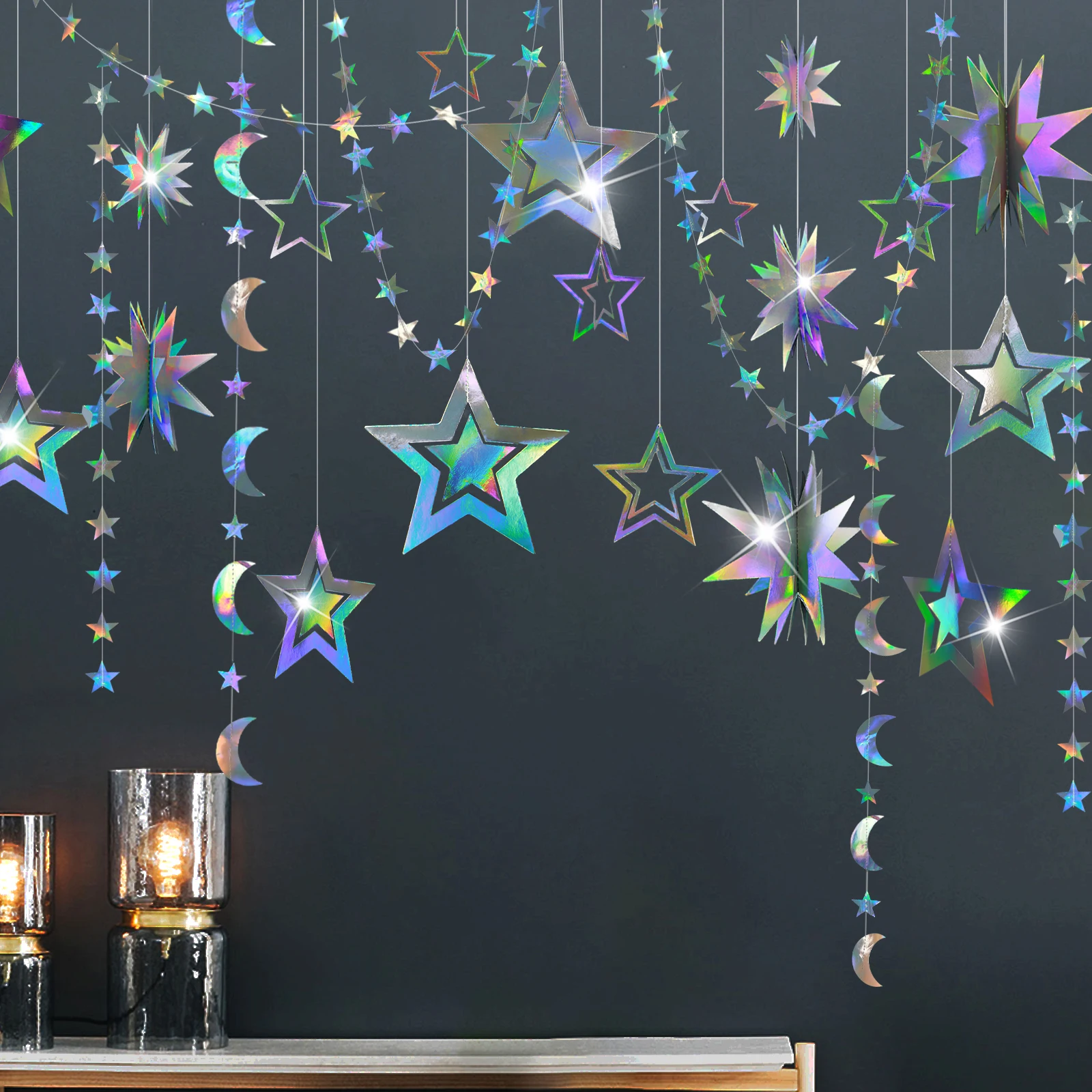 Iridescent Paper Leaf Snowflakes Garland Mermaid Birthday Tea Party Hanging Leaves Star Streamer Xmas New Year Banner Decoration birthday streamers,paper birthday banner,birthday banner,paper garland,party decorations