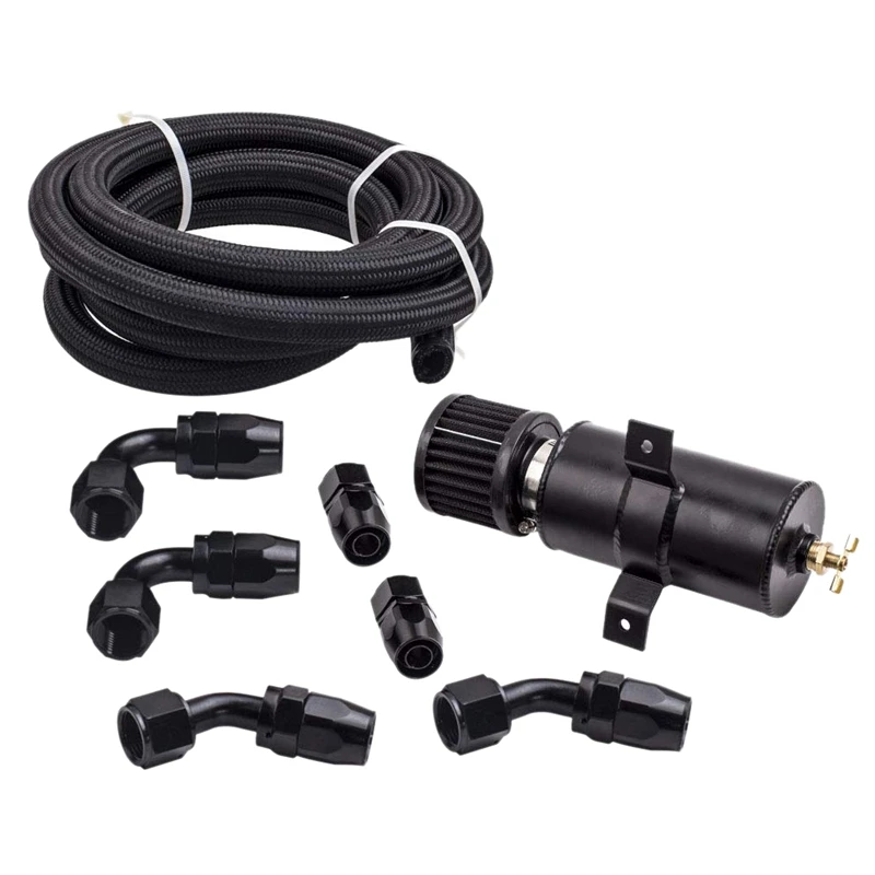 

Aluminum Baffled Motor Engine Oil Catch Can 0.75L with Hose Kit An10 Black