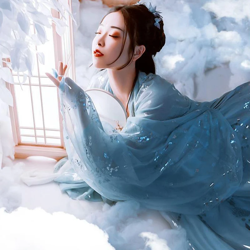 Female Traditional Hanfu Blue Chinese Style Dress Adult Undergarment Wide Sleeve Cardigan Tops Fairy Elegant Carnival Party