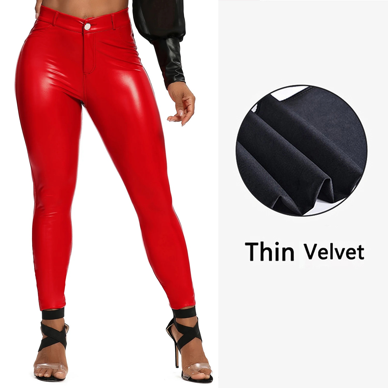 spanx faux leather leggings Women PU Leather Leggings Black Pockets Leather Pencil Pants High Waist Sexy Skinny Stretch Leggings Thin Velvet Leather Trouser amazon leggings