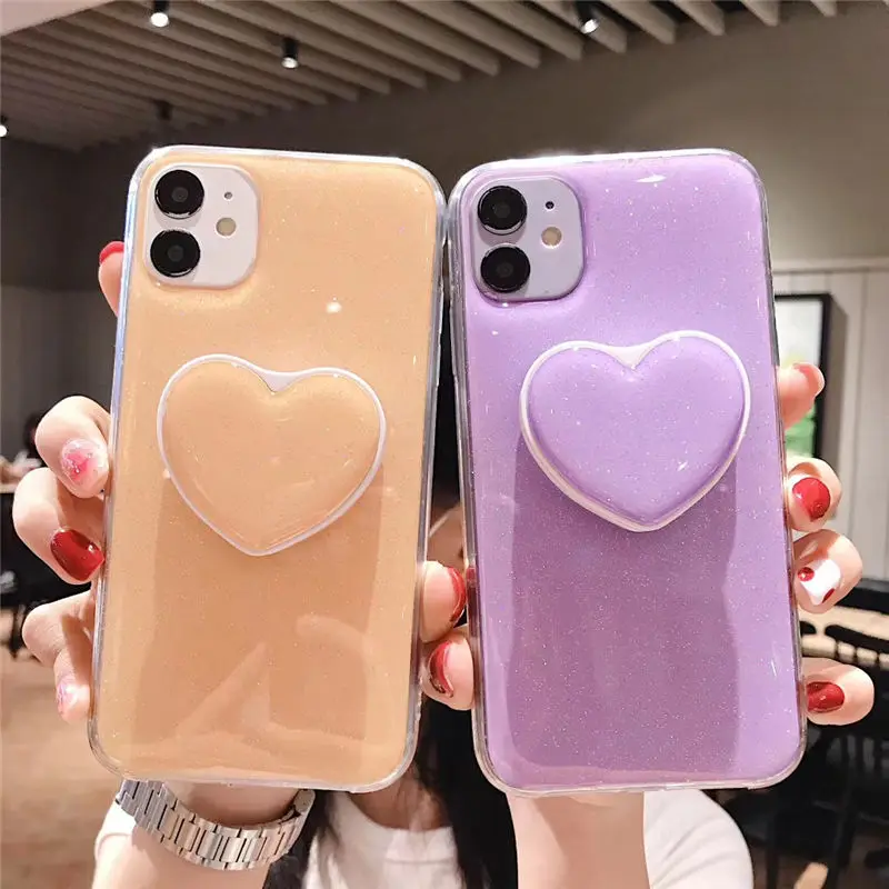 Glitter Love Heart Folding Bracket Glitter Case For iPhone 13 12 11 Pro Max XR X XS Max 7 8 Plus Soft Epoxy Candy Color Cover
