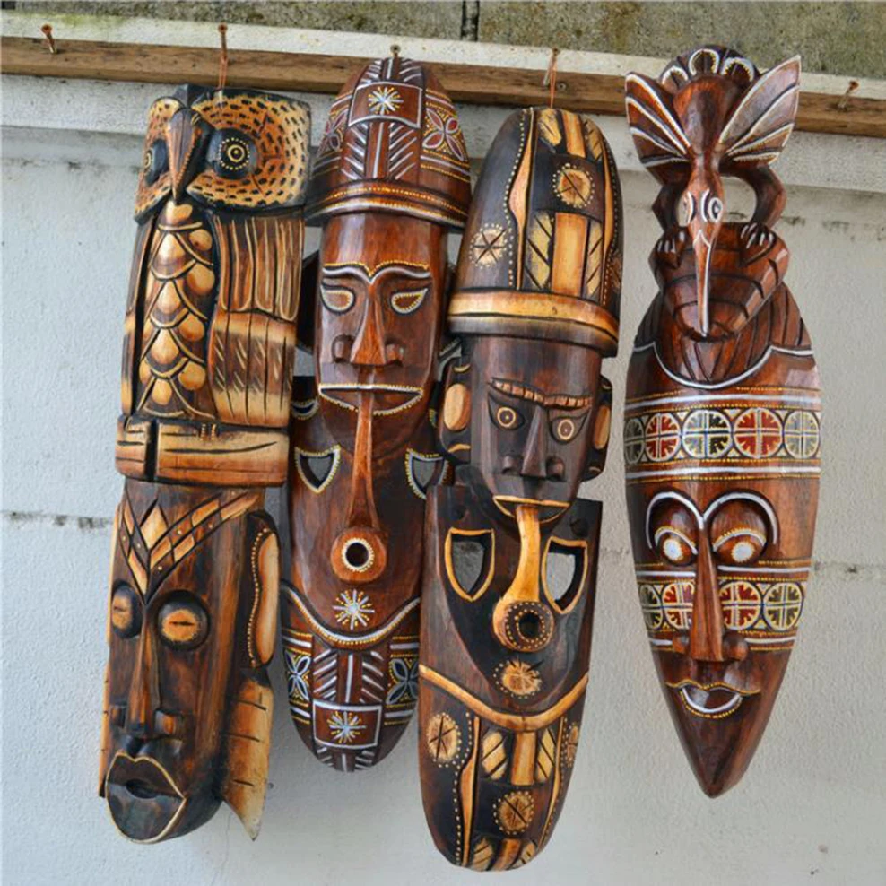 Thai Wood Carving Mask Wall Hanging Retro Wooden Crafts Home Bar Club Wall Decoration Wooden Retro Facebook Pendant 6
