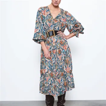 

Vintage ZA Print Dress Summer Women 2020 Long Sleeve O-Neck Front Drawstring Closure Female Chic Plus Size Midi Dresses Vestidos