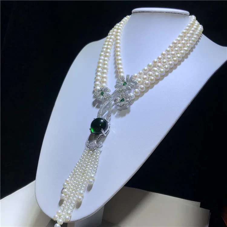 Hand knotted 3rows natural 8-9mm white freshwater pearl fashion necklace micro inlay zircon accessories