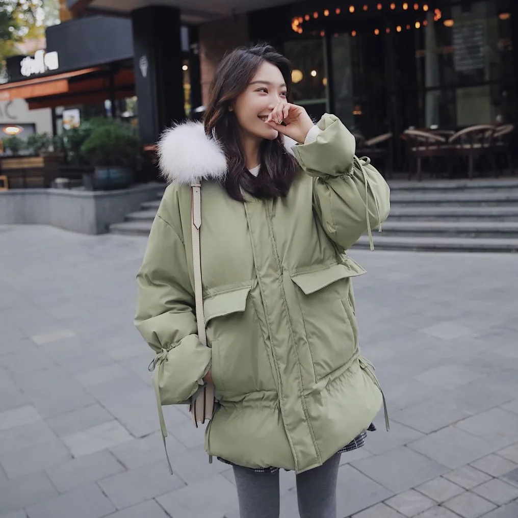 

Photo Shoot Main Push CHIC College Style Mid-length Hooded Large Fur Collar Drawstring Lace down Coat Cotton Overcoat Women's Wi