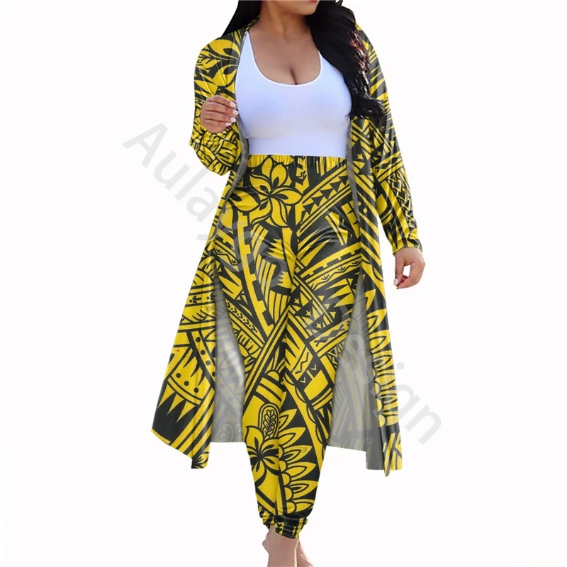 

Polynesian Tattoo 2 Piece Set Women Casual Slim Plus Size Long Cape Coat And Fitness Pants Ealstic Clothes For Spring Autumn