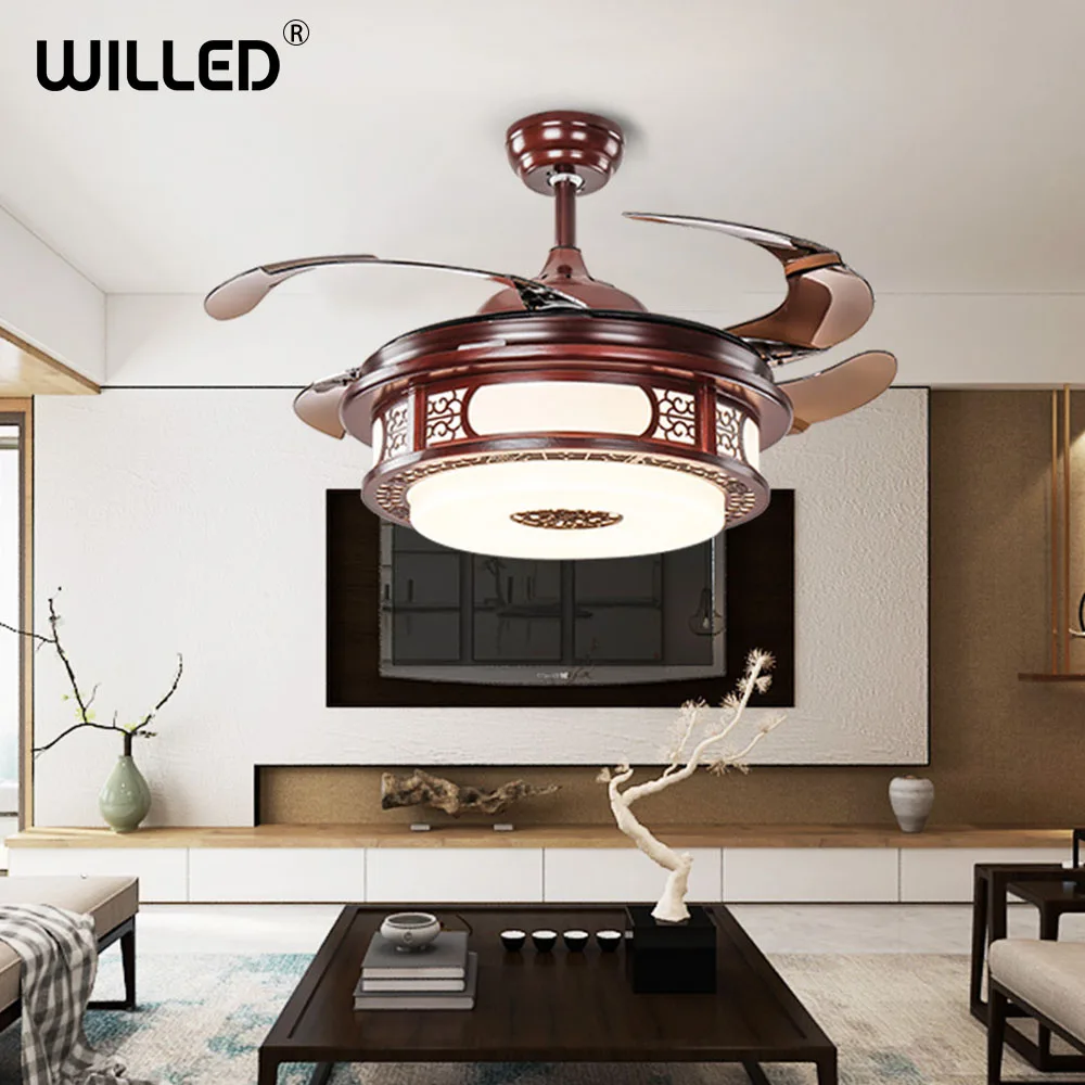 

Chinese Retro ceiling fans light 220V Silent fan for home living room hotel remote control lamp Modern Red wooden ceiling fan