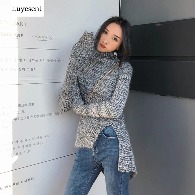 

Solid Gray Turtleneck Women Pullover Sweater 2019 Lady Asymmetry Length Stretch Slim Knit Top Split Skinny Korean Style Jumpers