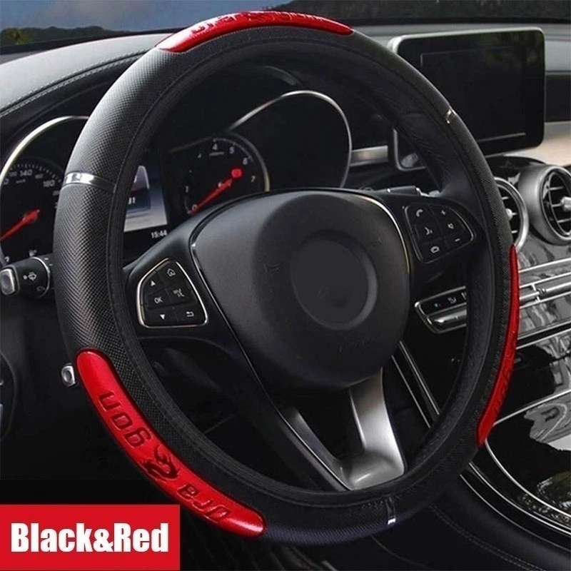 FOR VAUXHALL/OPEL CORSA D BLACK GENUINE LEATHER STEERING WHEEL COVER WITH RED ST 