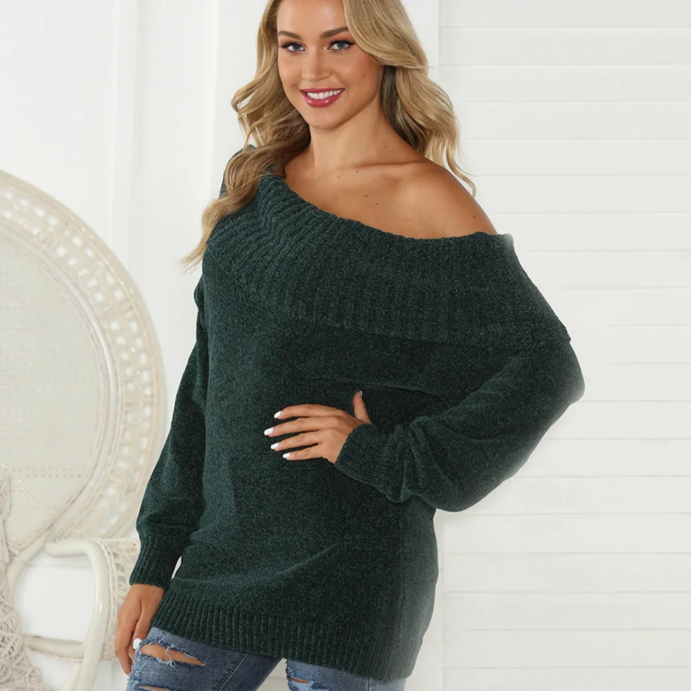 

Women Boat Neck Sweater Knitwear Pullover Autumn Winter Warm Solid Color big size casual off shoulder knit tops lady jumpers