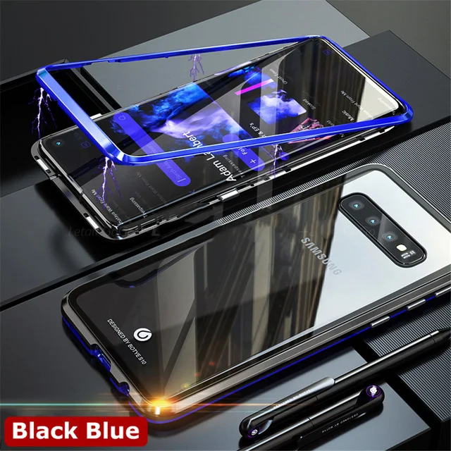 360 Full Body Magnetic Tempered Glass Case For Samsung Note 10 S10 S9 Plus Note 9 Case Metal Bumper Shockproof Protective Shell - Цвет: Blue black