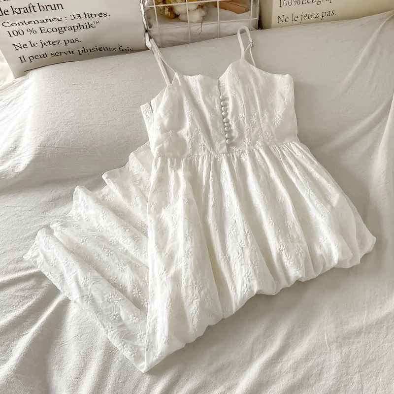 Simple White Women's Dress Spring Summer Adjustable Spaghetti Strap Mid-Length Dresses Japan Style Female Sleeveless Dress