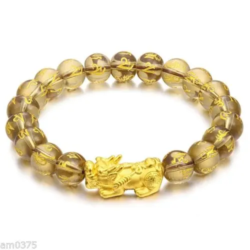 Pure 24K Yellow Gold Bracelet 3D Luck Bless Pixiu Black Agate Beads Bracelet