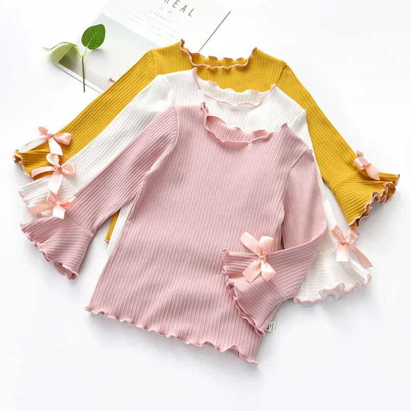 

Sweet ribbon bowknot girls shirt fall flare sleeve infant kids blouse for girls tops children jackets outwear kzlar bluz