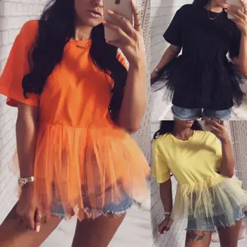 

Elegant Women Summer Layered Lace Tulle Ruffle Short Sleeve Shirt Ladies Loose Casual Blouse Top