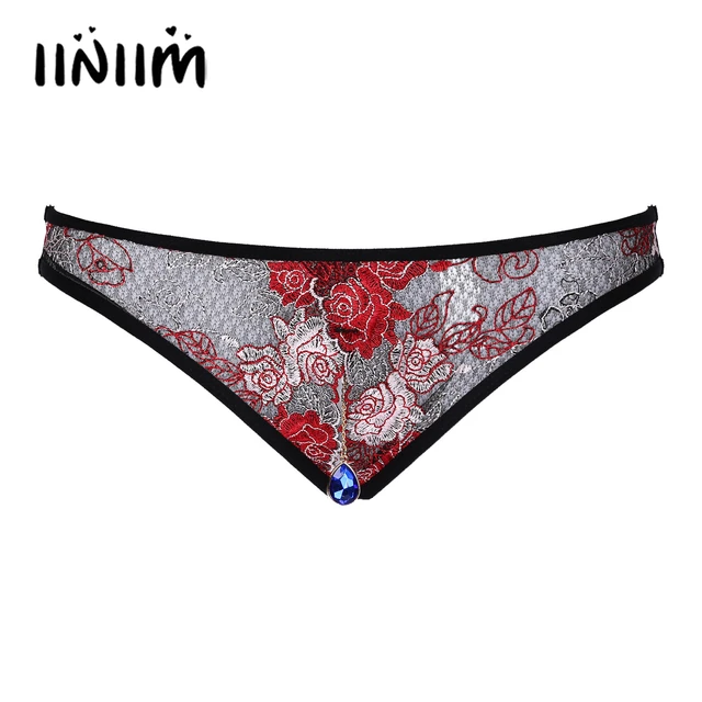 Mens Lingerie Thongs Sissy Underpants Rhinestone Pendant Panties Flower  Embroidery Crotchless Open Butt T-back Briefs Underwear - Panties & Briefs  - AliExpress