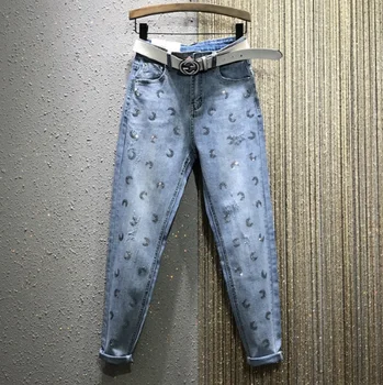 

2020 Spring New High-Waist Hot Drilling Loose-Fit Straight-Cut Casual Harem Jeans Pants Womens Jeans Blue Denim Jean Pants