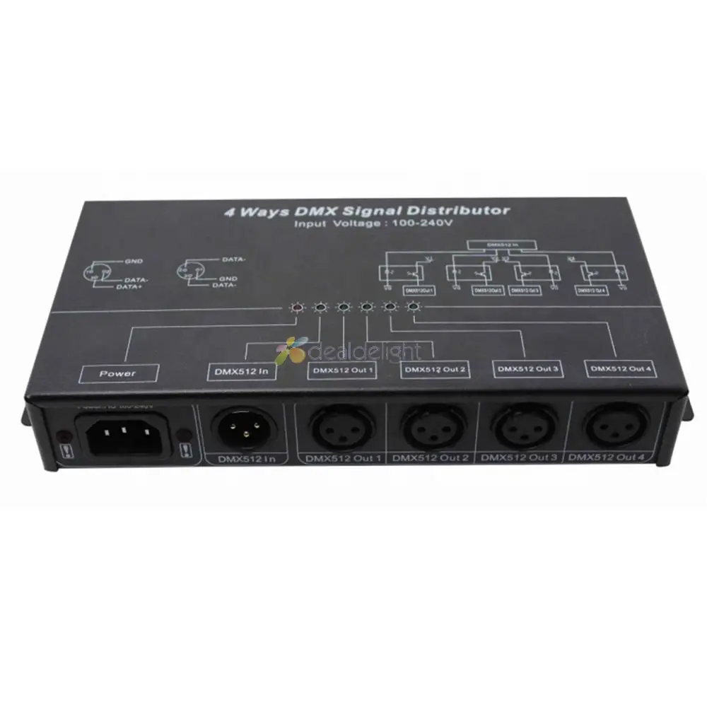 DMX512 amplifier Splitter DMX signal repeater 4CH 4 output ports DMX signal distributor; AC100V-240V input DMX124
