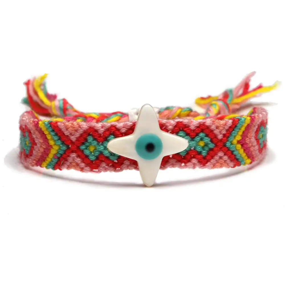 Boho Белый Каури Морская звезда греческий глаз тканый браслет дружбы для женщин мужчин крест сглаза сшить Ракушки натуральные ювелирные изделия он
