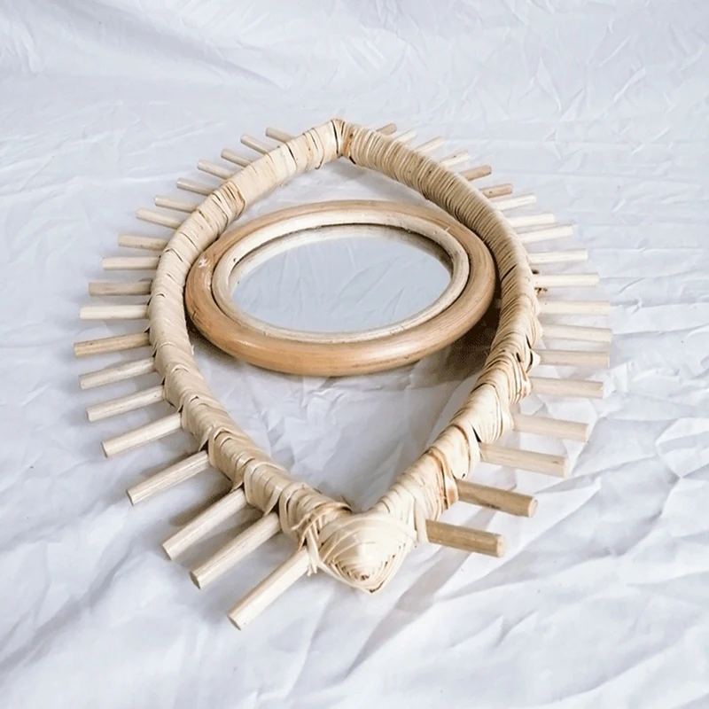 

Eye Shape Decorative Mirror Rattan Innovative Art Decor Round Makeup Mirror Dressing Bathroom Wall Hanging Mirror Crafts