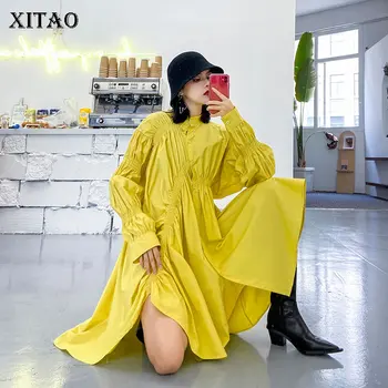 

XITAO Trend Fashion Folds Women Dress Single-breasted Irregular Dresses Korean Style Streetwear Women Clothes Spring DMY2722