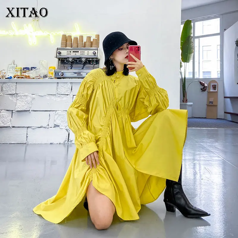 XITAO Трендовое модное женское платье со складками однобортное асимметричное