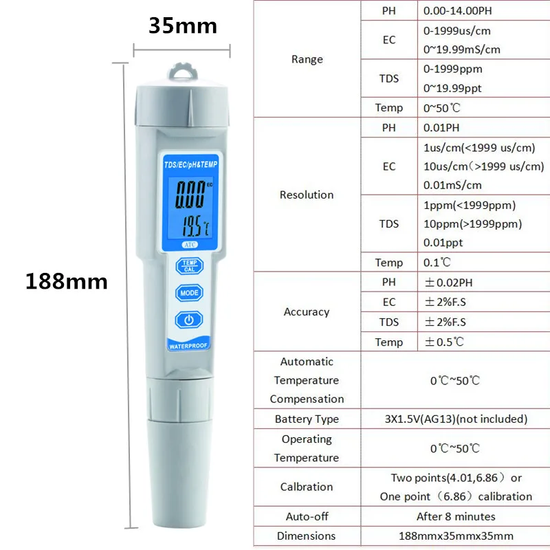 4 в 1 TDS/PH/EC/измеритель температуры PH-3508 с подсветкой водонепроницаемый цифровой тестер качества воды скидка 48
