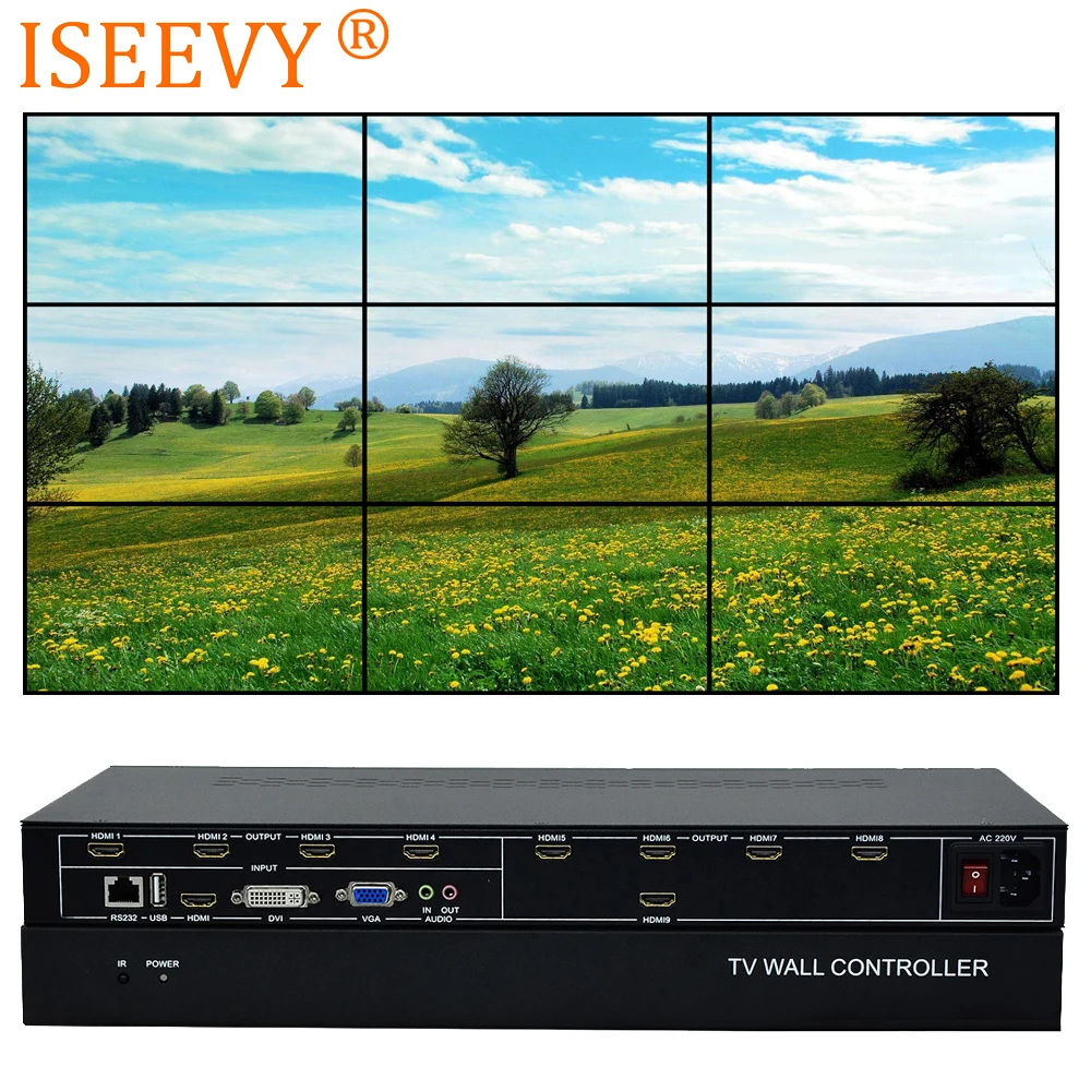 ISEEVY 9 канальный видеопроцессор для стен 3x3 2x4 HDMI DVI VGA USB с управлением RS232 ТВ