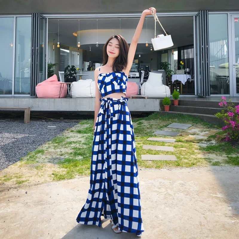 

Photo Shoot Normcore Style Holiday Blue Plaid High-waisted Lace-up Skirt Camisole And Ankle Long Skirts Slimming Set